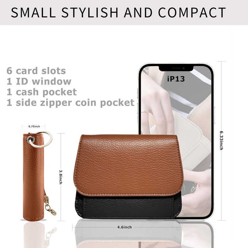 Sunpour Women Small Wallet RFID Blocking Slim Wallet with Coin Pocket Tri-Fold Credit Card Holder with ID Window and Keychain(Brown＆Black) - Image 2